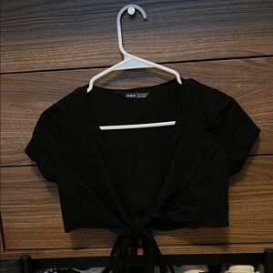 SHEIN Black Short Sleeve Tie-Front Blouse